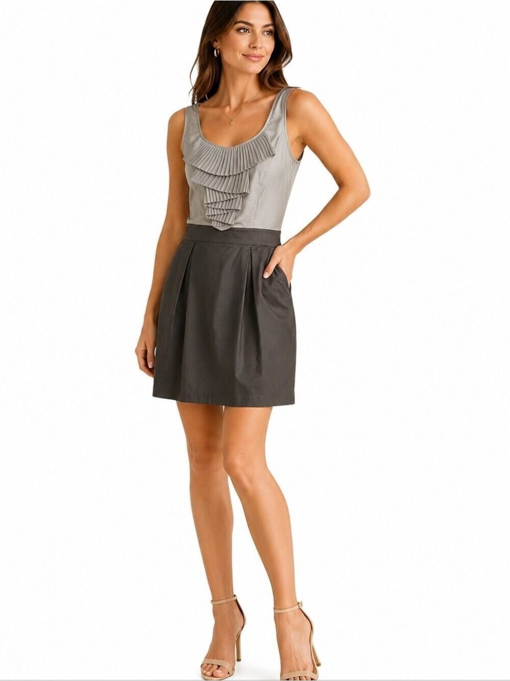 Vertigo Paris NWT Pleated Ruffle Two-Tone Mini Dress XS Silver Black
